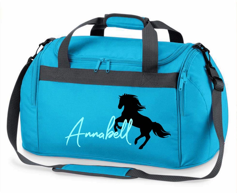 Riding bag personalized with name print Motif rearing horse with name Carrying and sports bag for girls for riding türkis