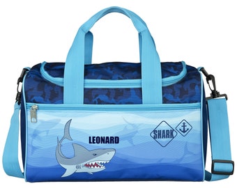 Kleine Sporttasche Kinder mit Namen | Personalisierte Kindertasche Jungen | Motiv Hai Shark in blau | inkl. Wunschnamen bedruckt