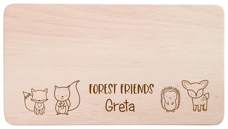 Frühstücksbrettchen für Kinder mit Namensgravur Personalisiertes Brotzeitbrett Holzbrett mit Motiv & Name Persönliches Geschenk Mädchen Forest friends