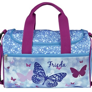 Sporttasche Mädchen mit Namen personalisiert | Motiv Schmetterling in blau | Kleine Reisetasche Sportbeutel Kinder