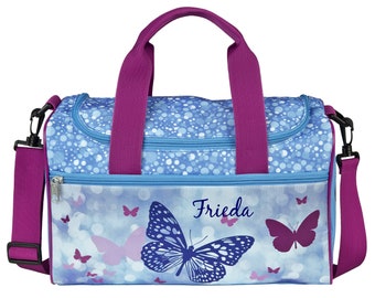 Sac de sport fille personnalisé avec nom | Motif papillon en bleu | Petit sac de voyage, sac de sport pour enfant