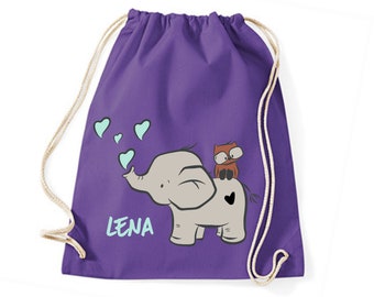 Turnbeutel mit Namen Elefant mit Eule für Kinder | Gymsac Kids Boys & Girls | Elephant | incl. name printing