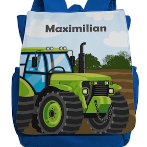 Backpack with name for boys | Tractor motif | Cool kindergarten backpack including desired name & chest strap light blue dark blue red pink