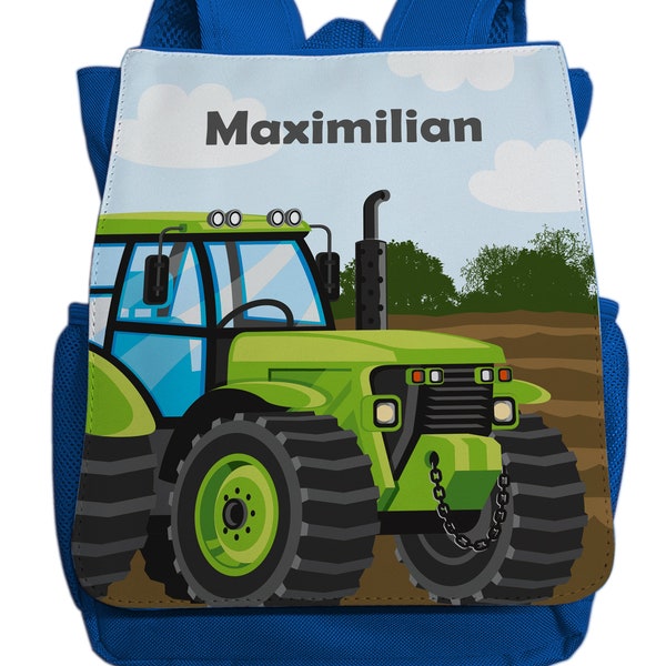 Backpack with name for boys | Tractor motif | Cool kindergarten backpack including desired name & chest strap light blue dark blue red pink