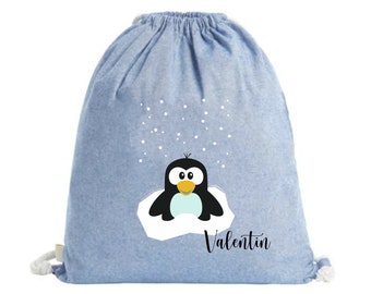 Bolsa de deporte Svanhilde para niños con nombre | Motivo pingüino y témpano de hielo | Bolsa de tela para niños y niñas.