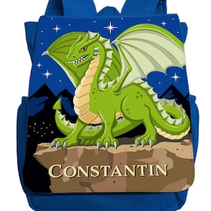 Backpack with name for boys and girls | Dragon & Rock motif | Colorful animal kindergarten backpack including desired name, light blue, dark blue, red