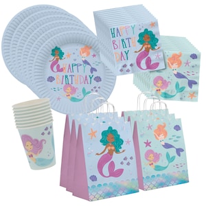 Stoviglie per feste a tema sirena per compleanni di bambini, set di decorazioni per compleanno a tema sirena, set di stoviglie, bicchieri, piatti, tovaglioli, sacchetti per feste.