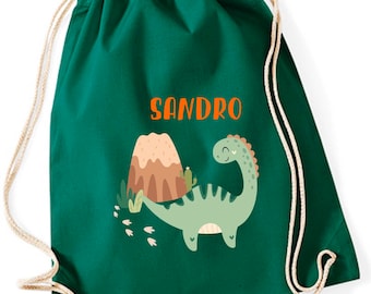 Turnbeutel Dinosaurier mit Namen personalisiert - Kinder Stoffbeutel Rucksack zum Zuziehen - Schuhbeutel 12L - Sportbeutel Kita Kindergarten