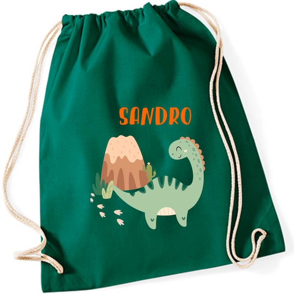 Turnbeutel Dinosaurier mit Namen personalisiert - Kinder Stoffbeutel Rucksack zum Zuziehen - Schuhbeutel 12L - Sportbeutel Kita Kindergarten