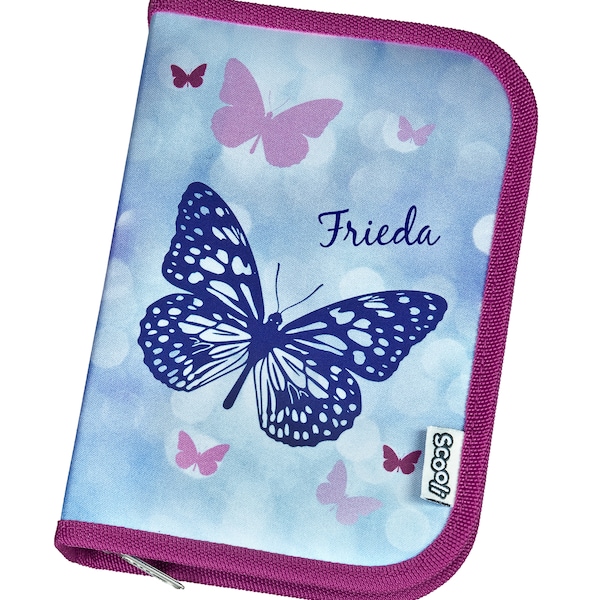 Federmäppchen für Mädchen mit Namen bedruckt | Schmetterling Butterfly | Gefülltes Schüler-Etui Personalisierte Federtasche