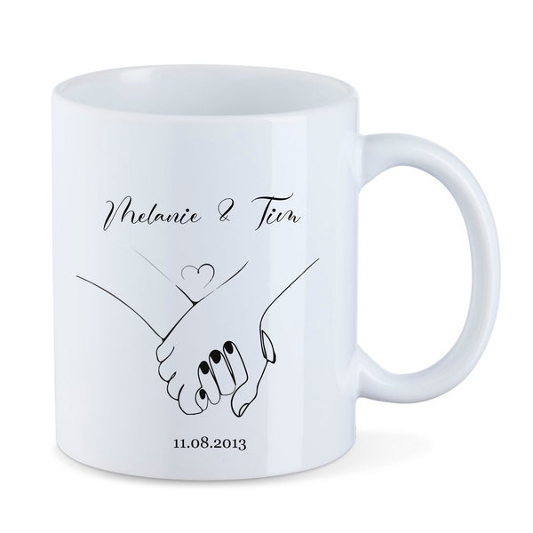Tasse mit Hände Liebe – Personalisiert mit Namen Datum – Kaffeetasse Verliebte Paare – Geschenk für Sie Ihn Partner Valentinstag