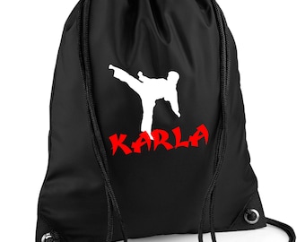 Sac de sport avec nom | Motif karaté arts martiaux | avec nom imprimé | personnaliser et imprimer | Sac de sport à cordon pour garçon