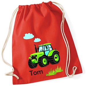 Traktor Turnbeutel Kinder mit Name personalisiert Stoffbeutel Rucksack Jungen bedruckt Kita Kindergarten Baumwollbeutel Wechselwäsche rot