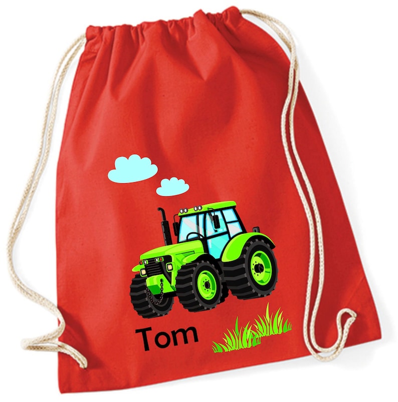 Traktor Turnbeutel Kinder mit Name personalisiert Stoffbeutel Rucksack Jungen bedruckt Kita Kindergarten Baumwollbeutel Wechselwäsche rot