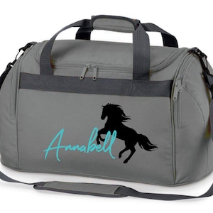 Riding bag personalized with name print Motif rearing horse with name Carrying and sports bag for girls for riding Grey