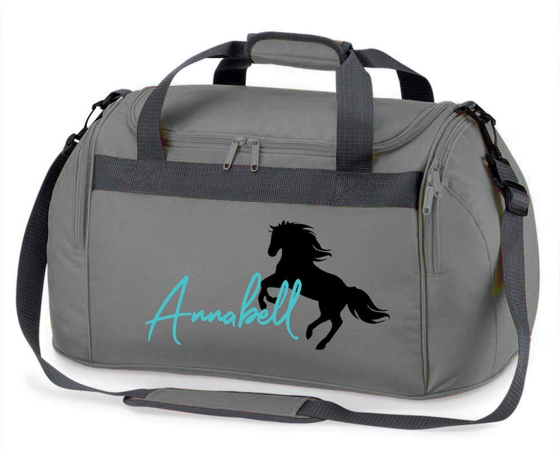 Riding bag personalized with name print Motif rearing horse with name Carrying and sports bag for girls for riding Gray