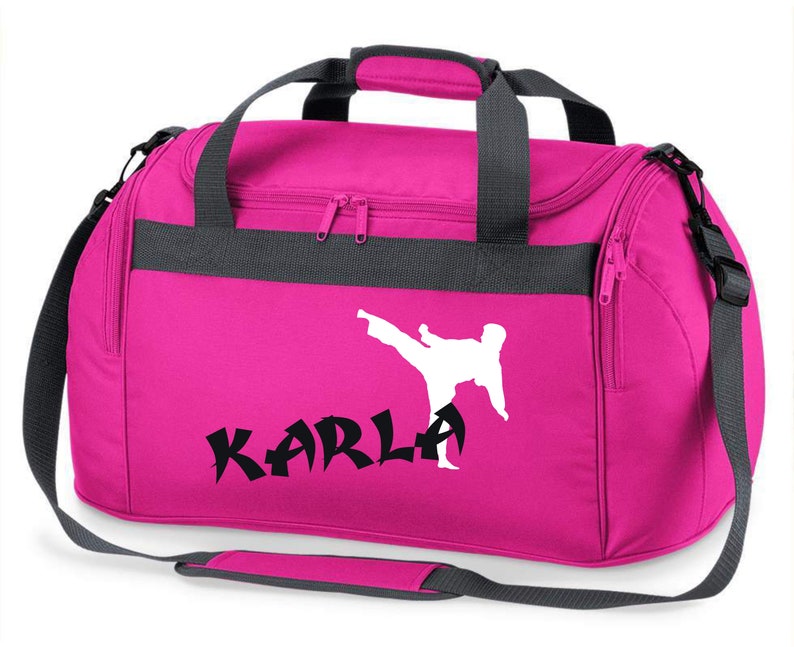 Sports bag with name Karate motif in white & red for boys and girls Crossbody travel bag taekwondo judo martial arts pink