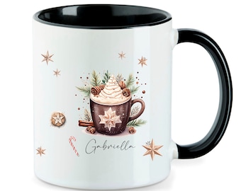 Tazza natalizia con cioccolata calda e panna in stile boho | tazza regalo di Natale personalizzata con nome | tazza multicolore