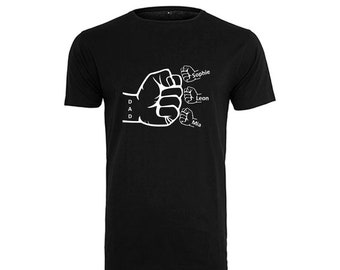 T-shirt papa avec nom | Chemise de papa personnalisée comme cadeau d'anniversaire pour la fête des pères | T-Shirt Homme Papa avec Prénoms d'Enfants | Vérification du poing à motif