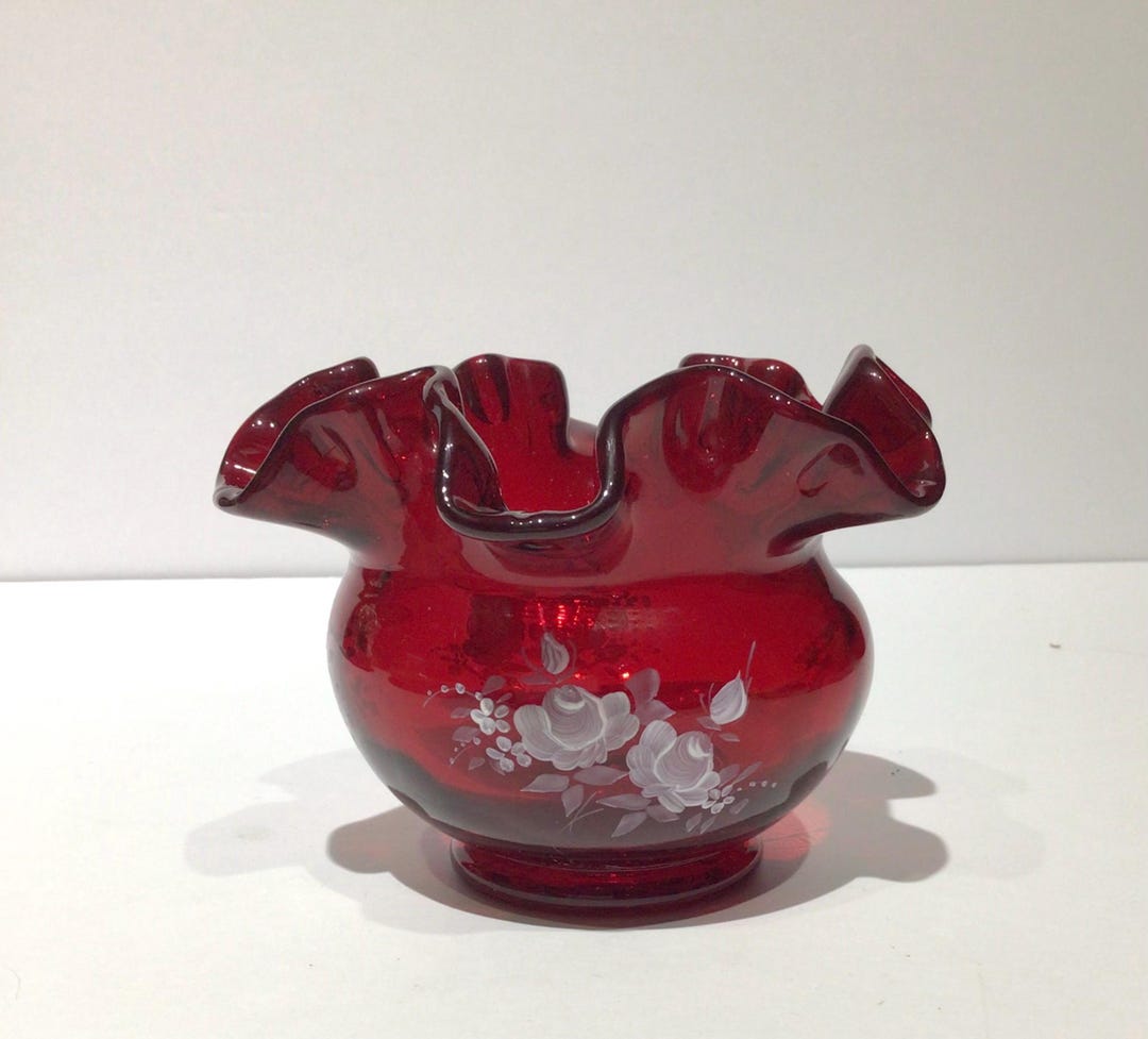 Fenton Ruby Red Bowl Ruffle Hand-painted Vintage Fenton Ruby Red Ruffled Art Glass Bowl - Etsy
