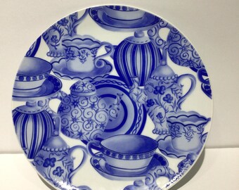Plato de colección vintage de cerámica azul y blanca