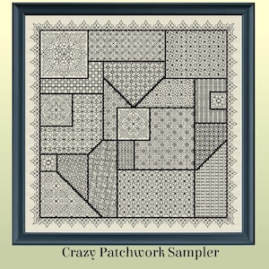 Patrón de bordado en negro con muestrario de patchwork loco imagen 1