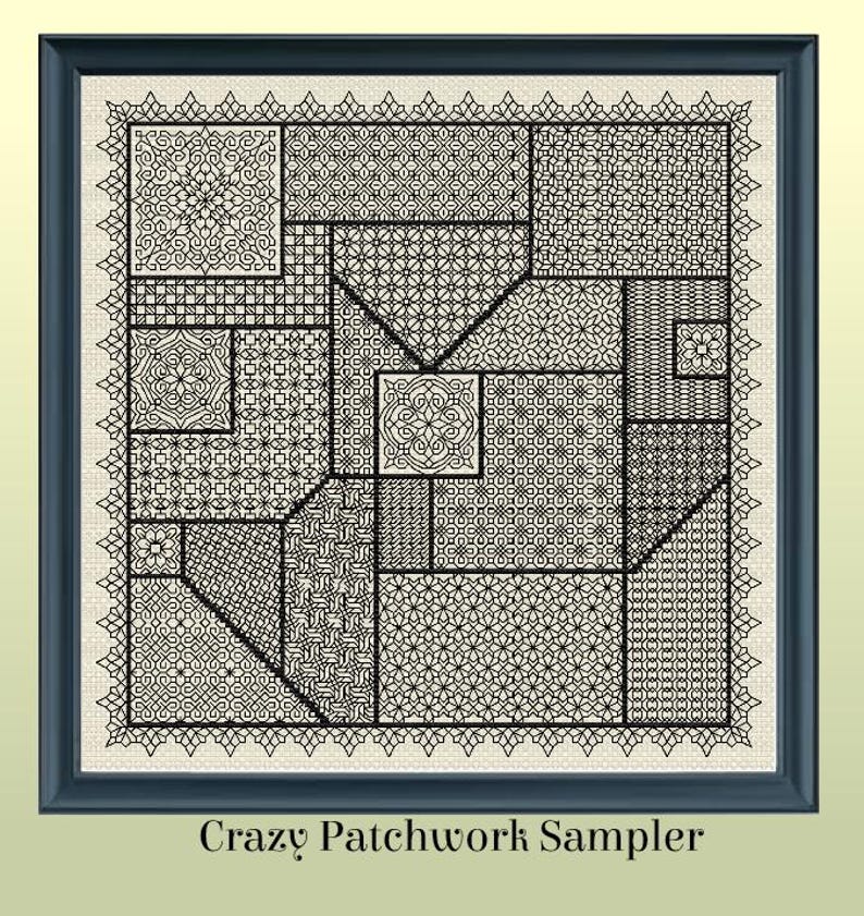Patrón de bordado en negro con muestrario de patchwork loco imagen 1