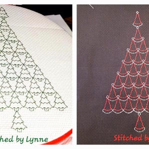 May include: Two images of Christmas tree embroidery. One is green on white fabric in a hoop, the other is red and white on a dark background. The text "Stitched by Lynne" and "Stitched by Dee" are visible.