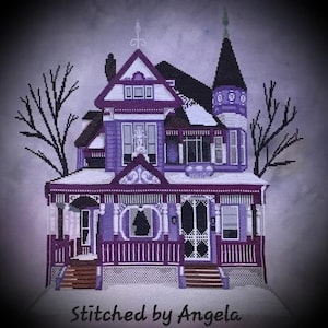 Purple Gothic Haunted Mansion Cross Stitch Chart.