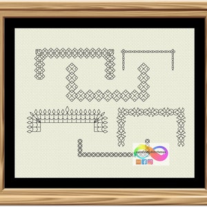 May include: A set of five black and white cross stitch border designs. The designs are for corners, edges, and centerpieces. The designs are simple and elegant.