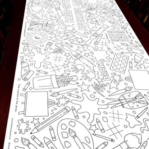 May include: A black and white coloring page featuring a birthday message for "Ellie-Beth" with the words "Happy Birthday". The page is filled with art supplies like paintbrushes, pencils, paint palettes, and stars. The text "Draw a picture on the canvas" is included.