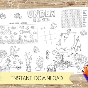 Hoja para colorear y mantel individual con actividades bajo el mar. Perfecta para fiestas infantiles. DESCARGA INMEDIATA. Formatos A4 y carta de EE. UU. en formato JPEG y PDF.