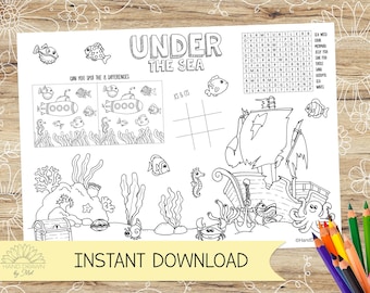 Under The Sea Activity and Colouring Sheet/Placemat. Perfect for Kids Parties – INSTANT DOWNLOAD – A4 and US Letter in Jpeg and Pdf