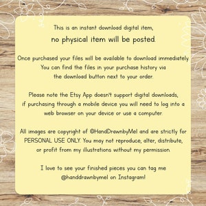 May include: A digital item announcement on a yellow background with text. The text explains the item is a digital download, no physical item is posted, and how to access the files after purchase. Copyright information and Instagram handle are also included.