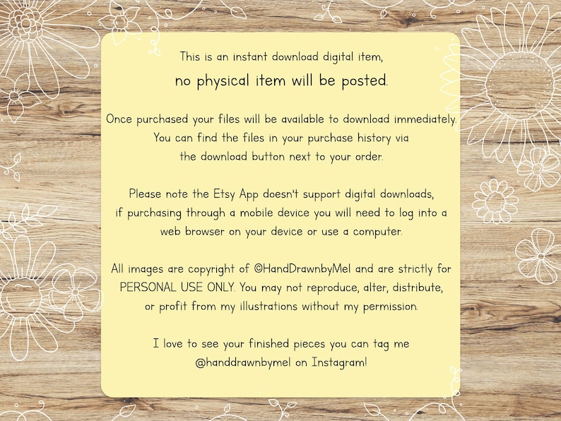 May include: A digital item announcement on a yellow background with text. The text explains the item is a digital download, no physical item is posted, and how to access the files after purchase. Copyright information and Instagram handle are also included.
