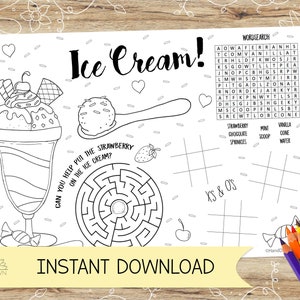 Ice Cream Activity Sheet: Kids Coloring Placemat (Digital Download)