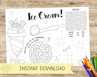 May include: A black and white printable activity sheet with an ice cream theme. The sheet includes a word search, a maze, a tic-tac-toe game, and a coloring page of an ice cream sundae. The text "Ice Cream!" is at the top of the sheet. The text "Can you help put the strawberry on the ice cream?" is next to the maze. The text "XS & Os" is next to the tic-tac-toe game. The text "WORDSEARCH" is at the top of the word search puzzle. The words in the word search puzzle are: strawberry, chocolate, mint, vanilla, cone, scoop, sprinkles, wafer.