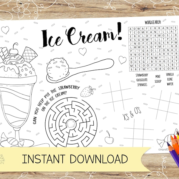 Ice Cream Sundae Activity and Colouring Sheet/Placemat. Perfect for Kids Parties – INSTANT DOWNLOAD – A4 and US Letter in Jpeg and Pdf