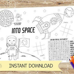 Hoja de actividades y para colorear Into Space/Mantel individual. Perfecto para fiestas infantiles – DESCARGA INSTANTÁNEA – A4 y carta estadounidense en Jpeg y Pdf