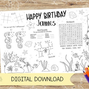Hoja para colorear o mantel individual personalizado con actividades bajo el mar o el acuario. Ideal para fiestas infantiles. DESCARGA DIGITAL. Tamaño A4 o carta de EE. UU.