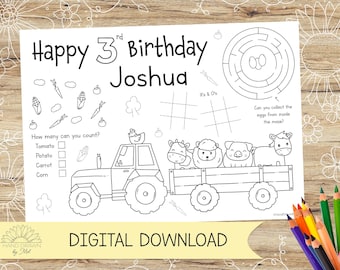 Personalised Birthday Farm Activity and Colouring Sheet/Placemat. Perfect for Kids Parties – DIGITAL DOWNLOAD – A4 or US Letter