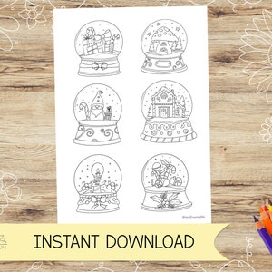 ¡Página para colorear de 6 miniglobos de nieve para adultos! Festivo, Navidad temática Descarga digital instantánea PDF, Jpeg en A4 y Carta de EE. UU.