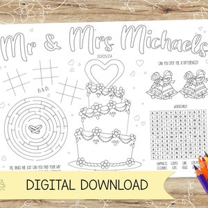 Hoja para colorear y mantel individual con actividades para bodas personalizadas para el Sr. y la Sra. Ideal para los invitados más jóvenes. DESCARGA DIGITAL. Tamaño A4 o carta estadounidense.