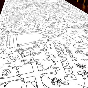 1.8m Christening or Baptism EXTRA LARGE table length activity and colouring sheet. 6ft party table cloth runner. PERSONALISED