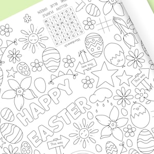 May include: A black and white colouring page with an Easter theme. The page features the words "Happy Easter" and various Easter-related images, including eggs, bunnies, flowers, and stars. The page also includes a word search puzzle.