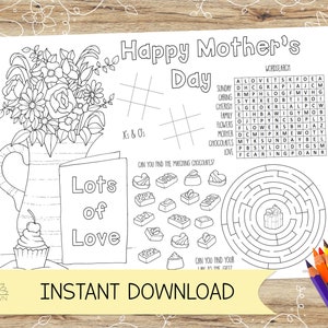 Hoja de actividades y mantel individual para colorear del Día de la Madre, Domingo de Madres. – DESCARGA INSTANTE – A4 y Carta US en Jpeg y Pdf