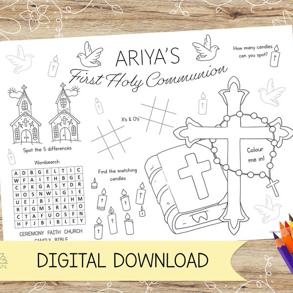 Personalised First Holy Communion Activity and Colouring Placemat. Perfect for Baptism and Communion – DIGITAL DOWNLOAD – A4 or US Letter