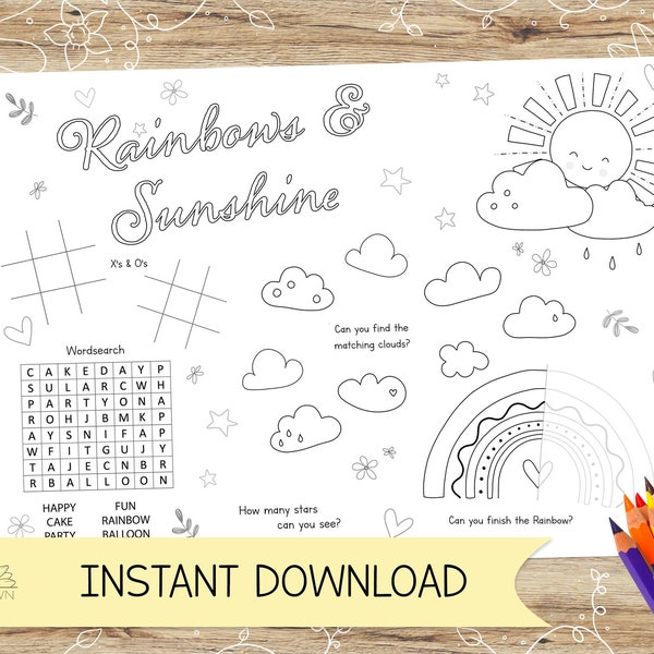 Rainbows and Sunshine Activity and Colouring Sheet/Placemat. Perfect for Kids Parties – INSTANT DOWNLOAD – A4 and US Letter in Jpeg and Pdf