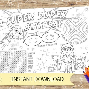 Superhero Birthday Activity Sheet: Kids Coloring Placemat (Digital Download)