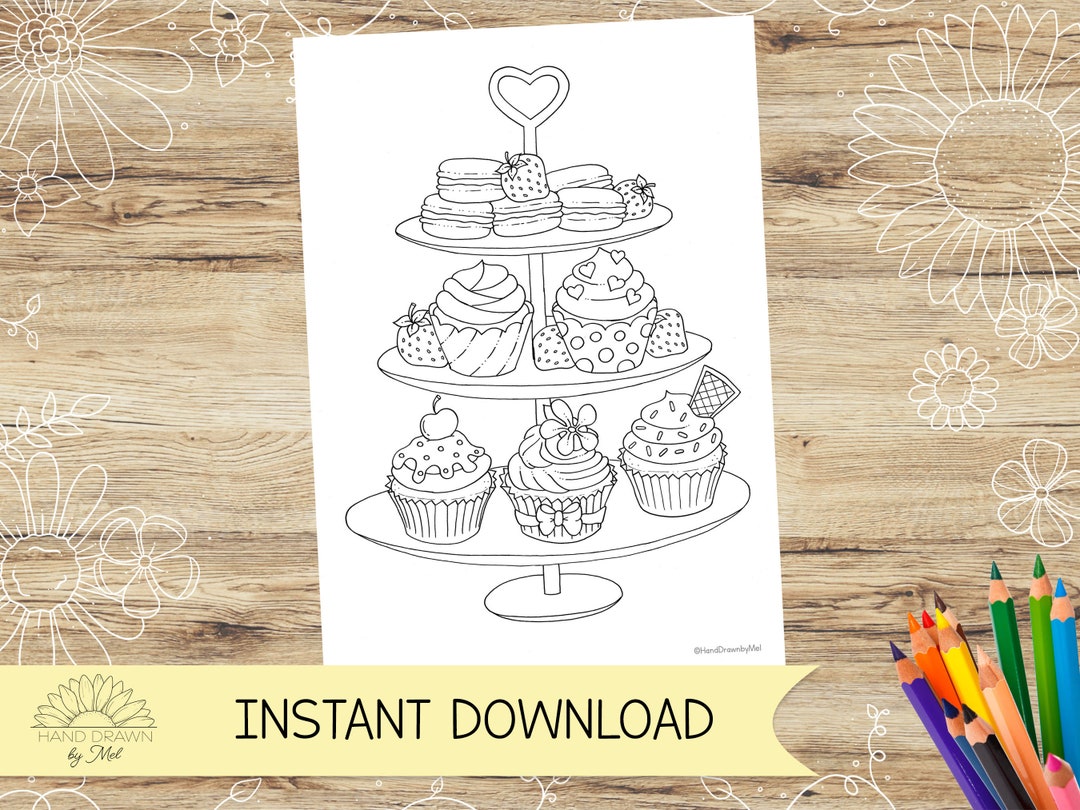 Cup Cake Stand Colouring Page for Adults and Children Instant Digital